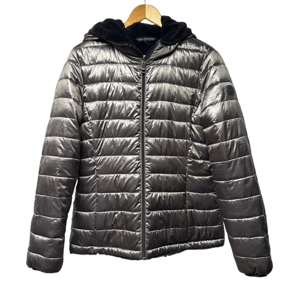 Andrew Marc Womens Small Reversible Metallic Silver Black Faux Fur Hooded Puffer